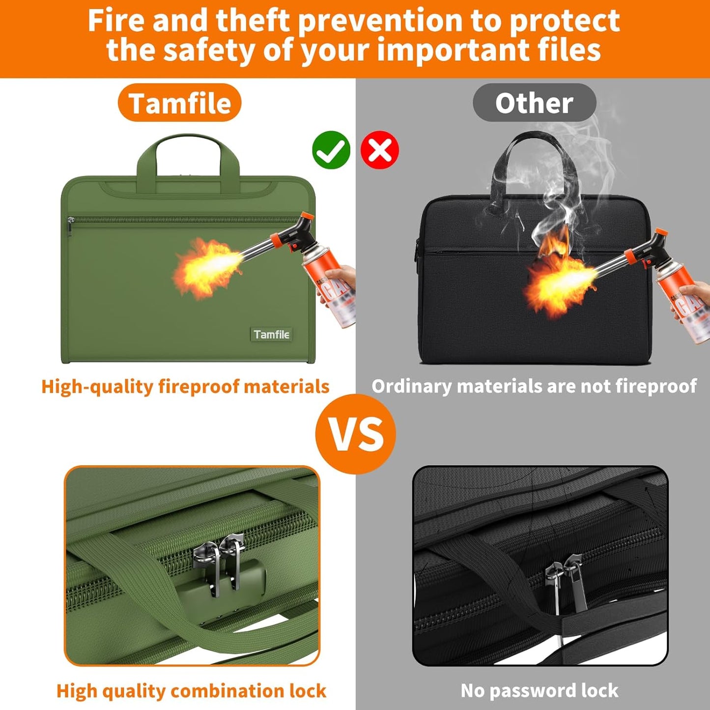 5200℉ Fireproof Accordion File Organizer with Lock, Thickened Document Organizer 13 Pocket with Zipper & Labels, Important Document Organizer, Expanding File Folder with Handle for Letter A4 (Green)