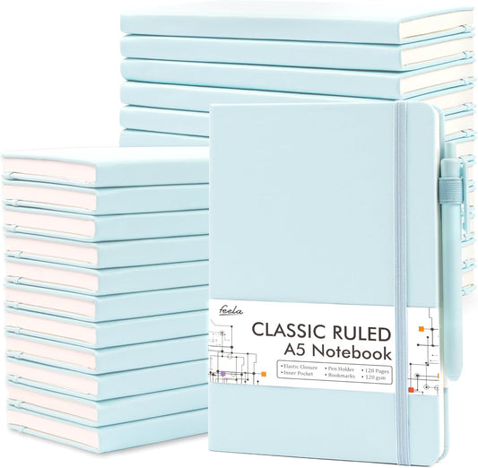 feela 24 Pack Journal Notebook Bulk for Work, Business Notebook Hardcover Lined Writing Journal with Pen Holder for Students Women Note Taking, with 24 Black Pens, 120 GSM, 5.1”x8.3”, A5, Sky Blue