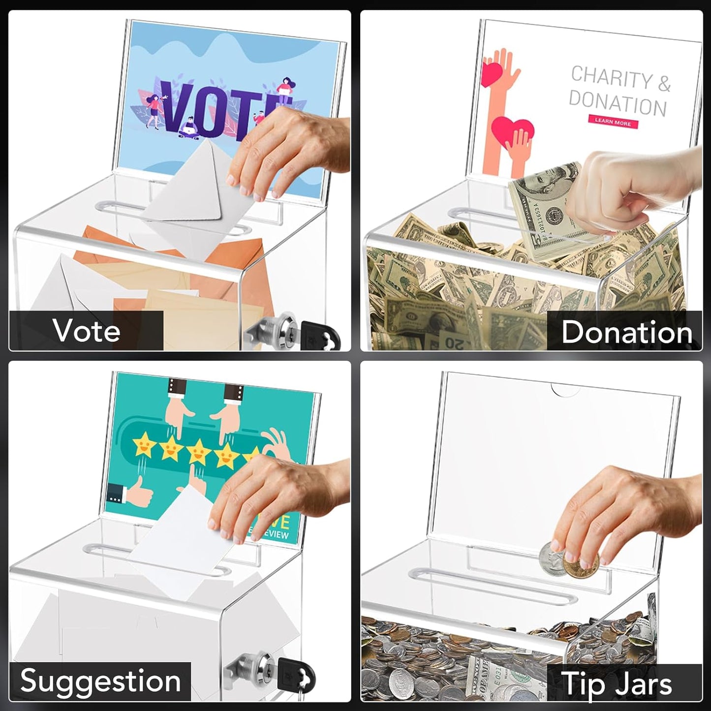 VOISEN Clear Donation Box with Lock,Ballot Box with Sign Holder,Suggestion Boxes for Fundraising, Tip Jar with Slot for School,Conference 6.2x4.6x3.9 Inch