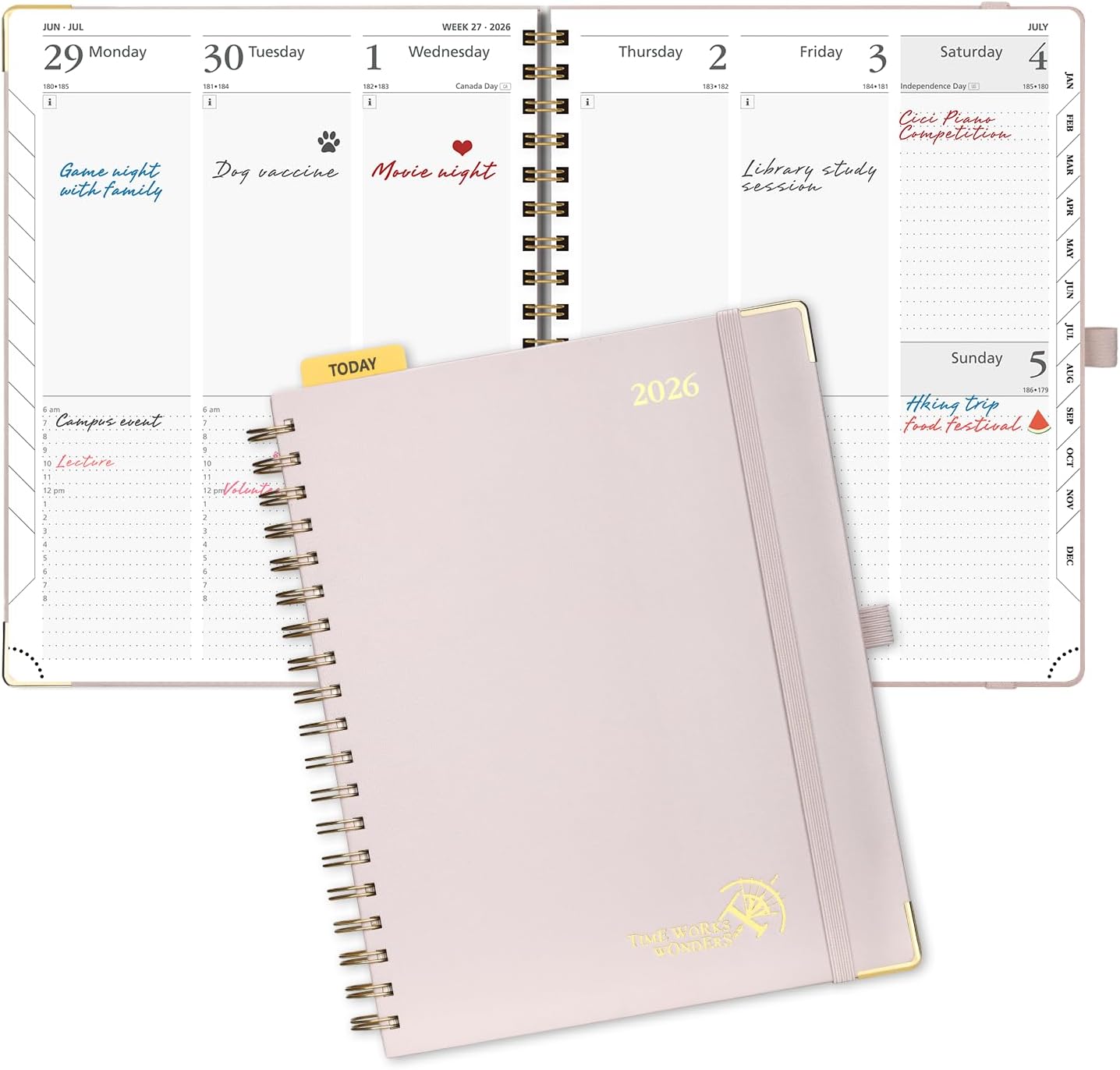 POPRUN 2026 Planner (Large Size 10'' x 8'' Wire-Bound Hard Cover) Daily Weekly and Monthly Calendar - Agenda 2026 (Jan.2026-Dec.2026) with Hourly Schedule, Monthly Tabs - Light Pink