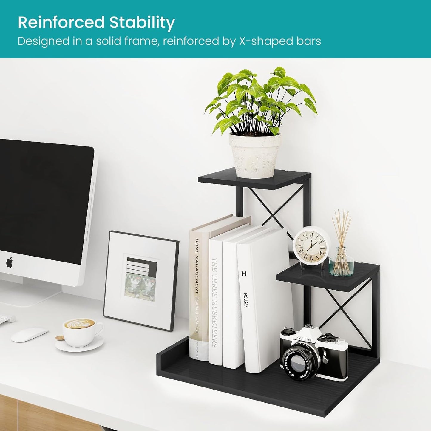 ELITEROO Wood Desktop Shelf, 3 Tier Desk Shelves Small Bookshelf Organizer, Office Storage Rack and Cubicle Organizers Accessories for Dorm Office Home Decor, Black