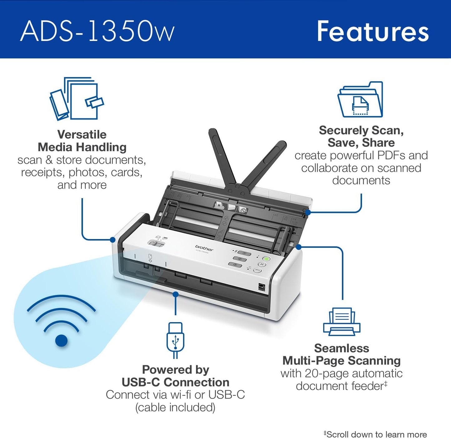 Brother ADS-1350W Wireless Compact Desktop Scanner | Scan Speeds of Up to 30ppm | Single Pass Double-Sided Scanning