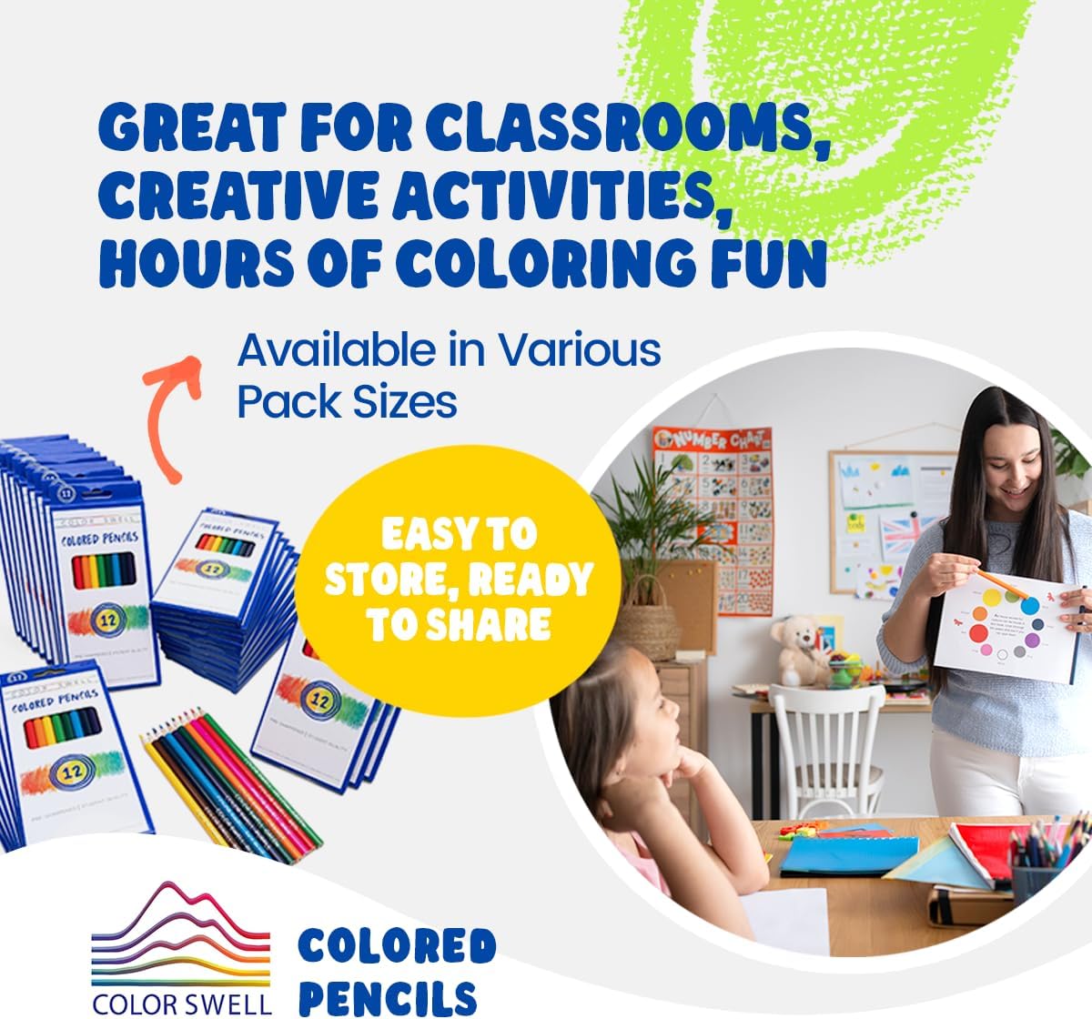 Color Swell Bulk Colored Pencils – 12 Sets, 144 Pre-Sharpened Assorted Vibrant Colors – Ideal for Kids, Teachers, and Classroom Supplies