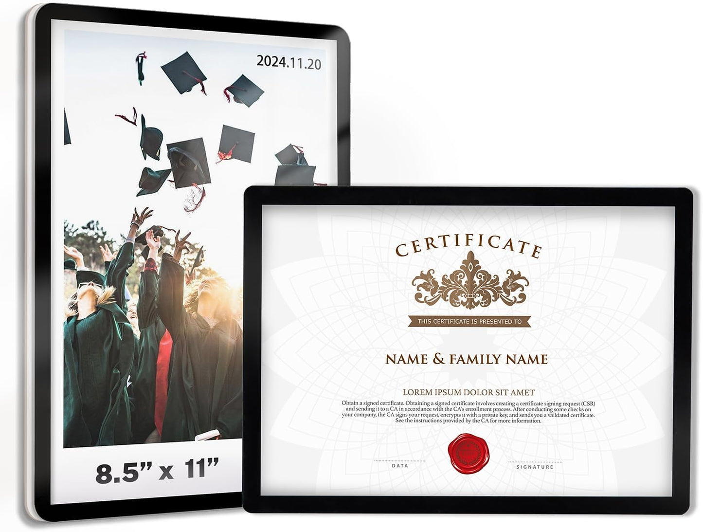 Sign Holder 8.5"x11" Wall-mounted 2 Pack, Self-Adhesive Display Frame for College Certificate/Poster/Paper/Picture Office/Store/School Display Sign Holder with Horizontal and Vertical (Black)