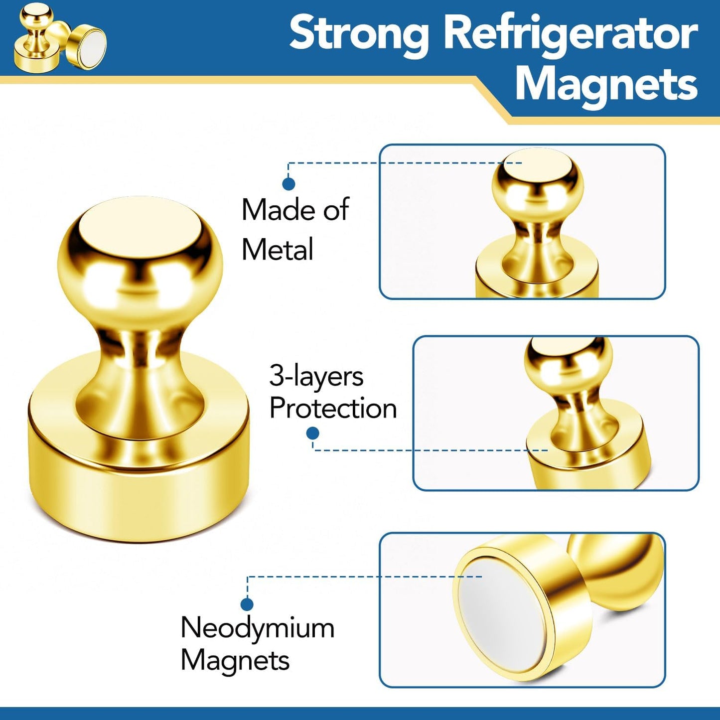 LOVIMAG Fridge Magnets, 18Pcs Refrigerator Magnets Strong Fridge Magnets for Whiteboard, Small Magnets Gold Magnets for Kitchen Accessories,Office Aaccessories,Fridge Accessories, Decorative Magnets