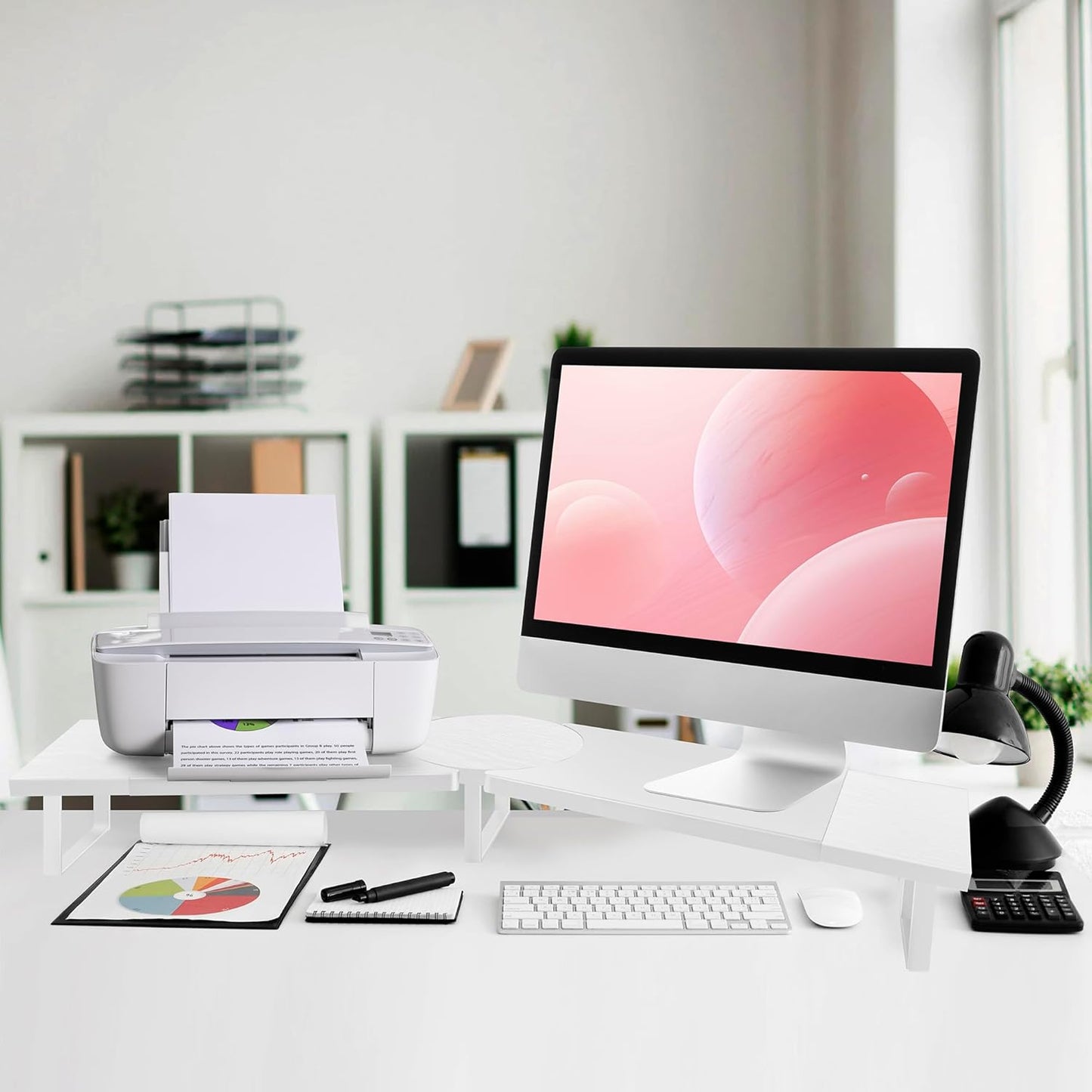 Dual-Monitor-Riser-Stand-For-Desk, Large Monitor Stand Riser For 2 Monitors With Adjustable Length Angle, Double Computer Riser For Desktop Organizer, Monitor Shelf Riser