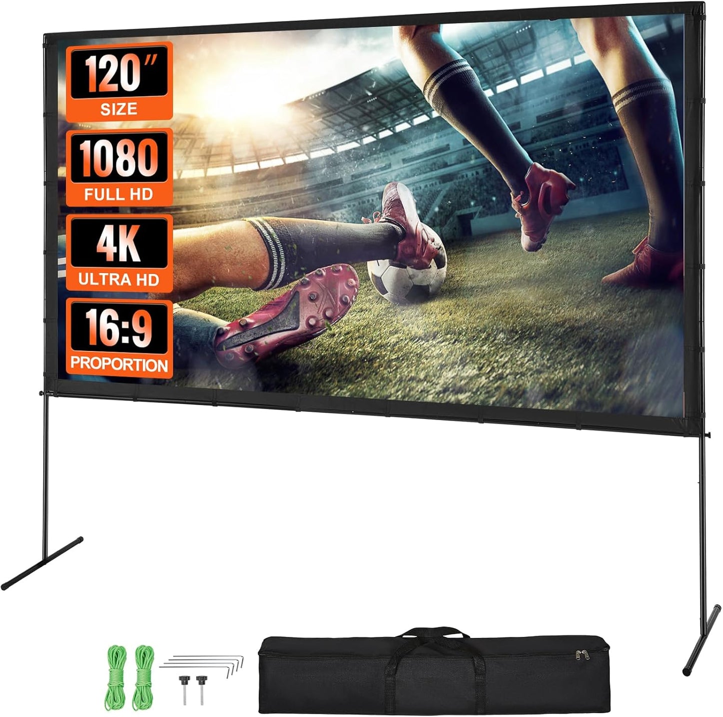 VEVOR Projector Screen with Stand, 120 inch 16:9 4K 1080 HD Outdoor Movie Screen with Stand, Wrinkle-Free Projection Screen with Bar Feet and Carry Bag, for Home Theater Cinema Backyard Movie Night