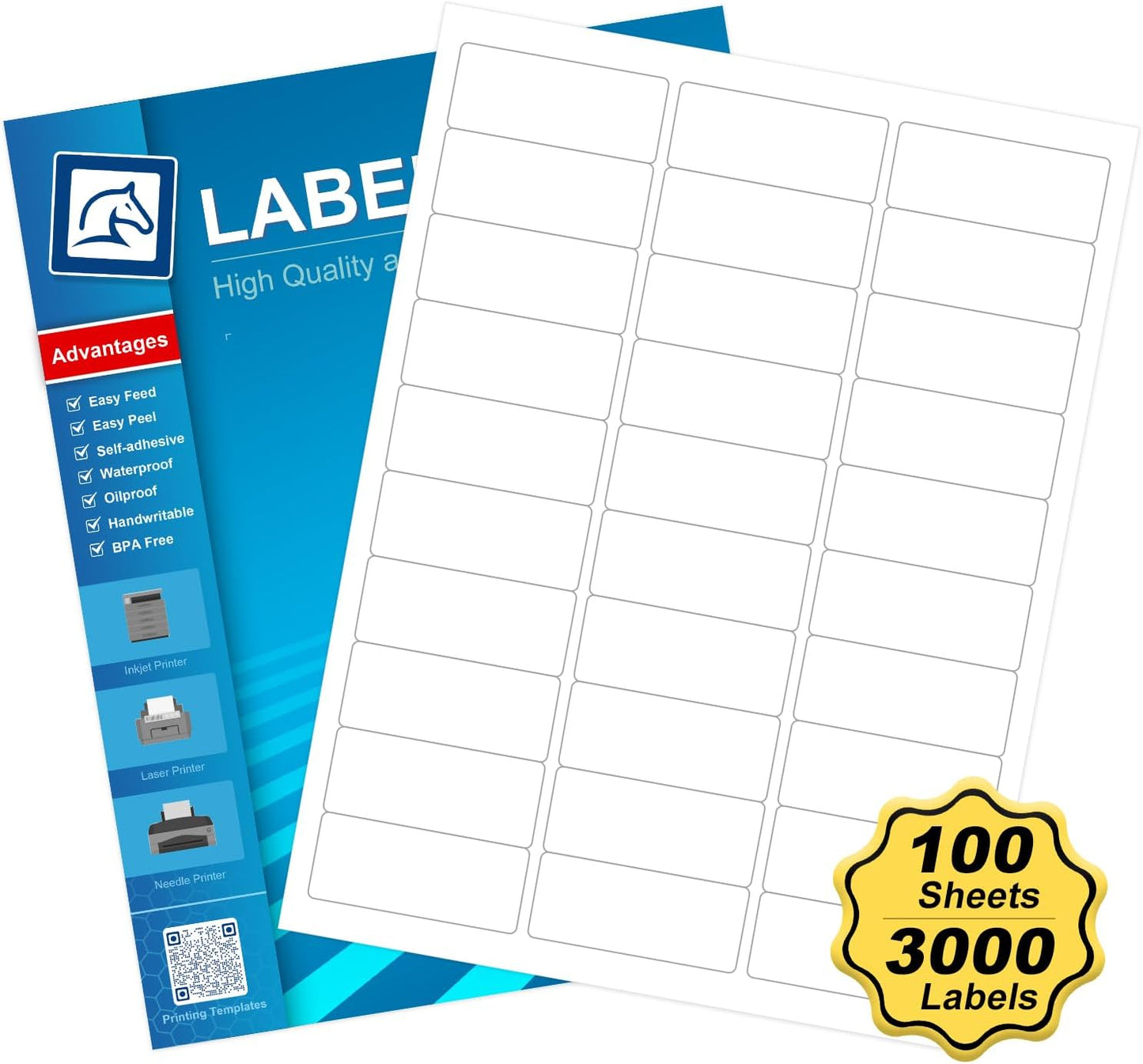 1" x 2-5/8" White Blank Address Labels, 3000 Labels (100 Sheets), Laser/Inkjet Compatible