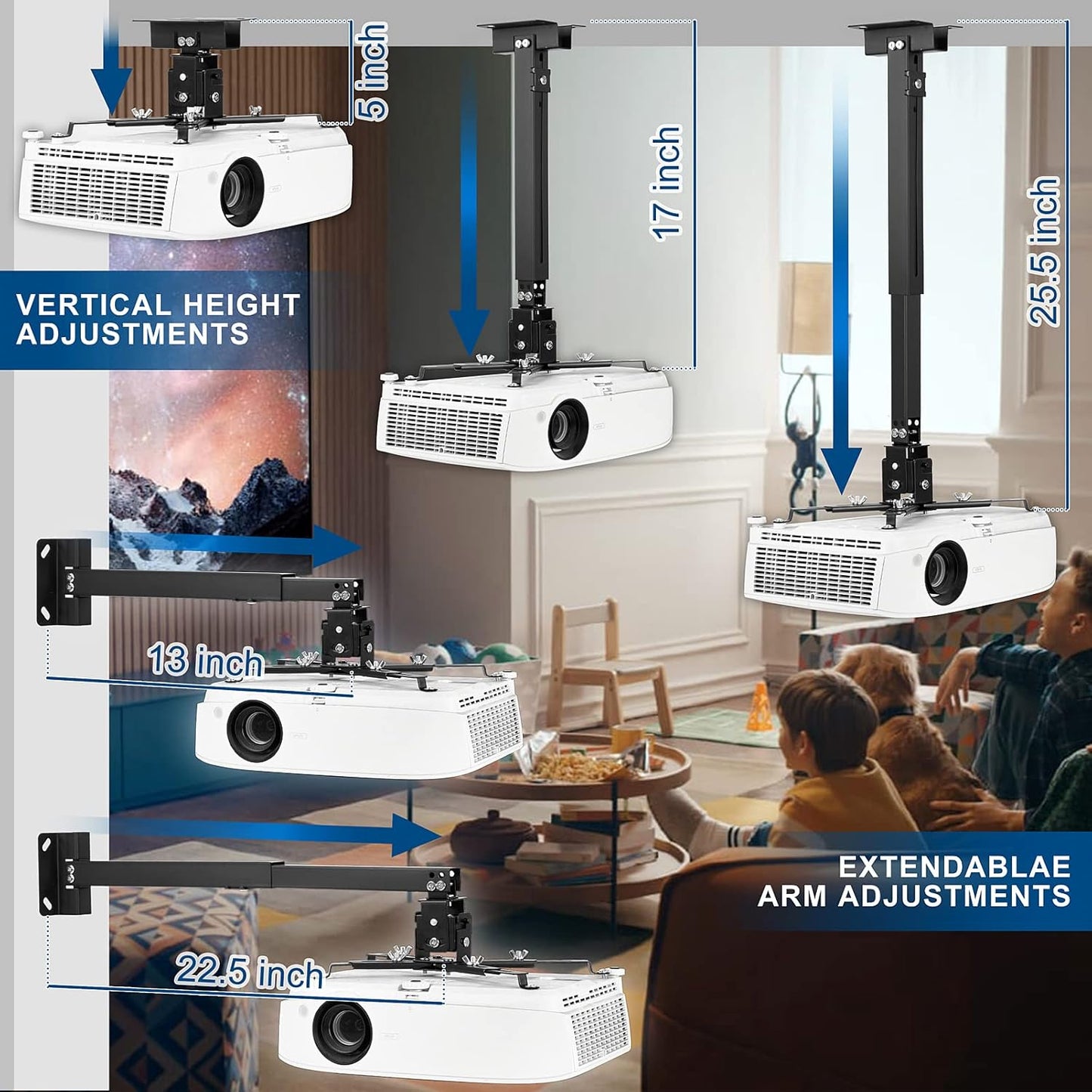 3-in-1 Projector Mount Wall/Ceiling Projection Bracket, Universal Height Adjustable Hanging Mount Bracket Holder with Extension Pole for Home and Office Projector