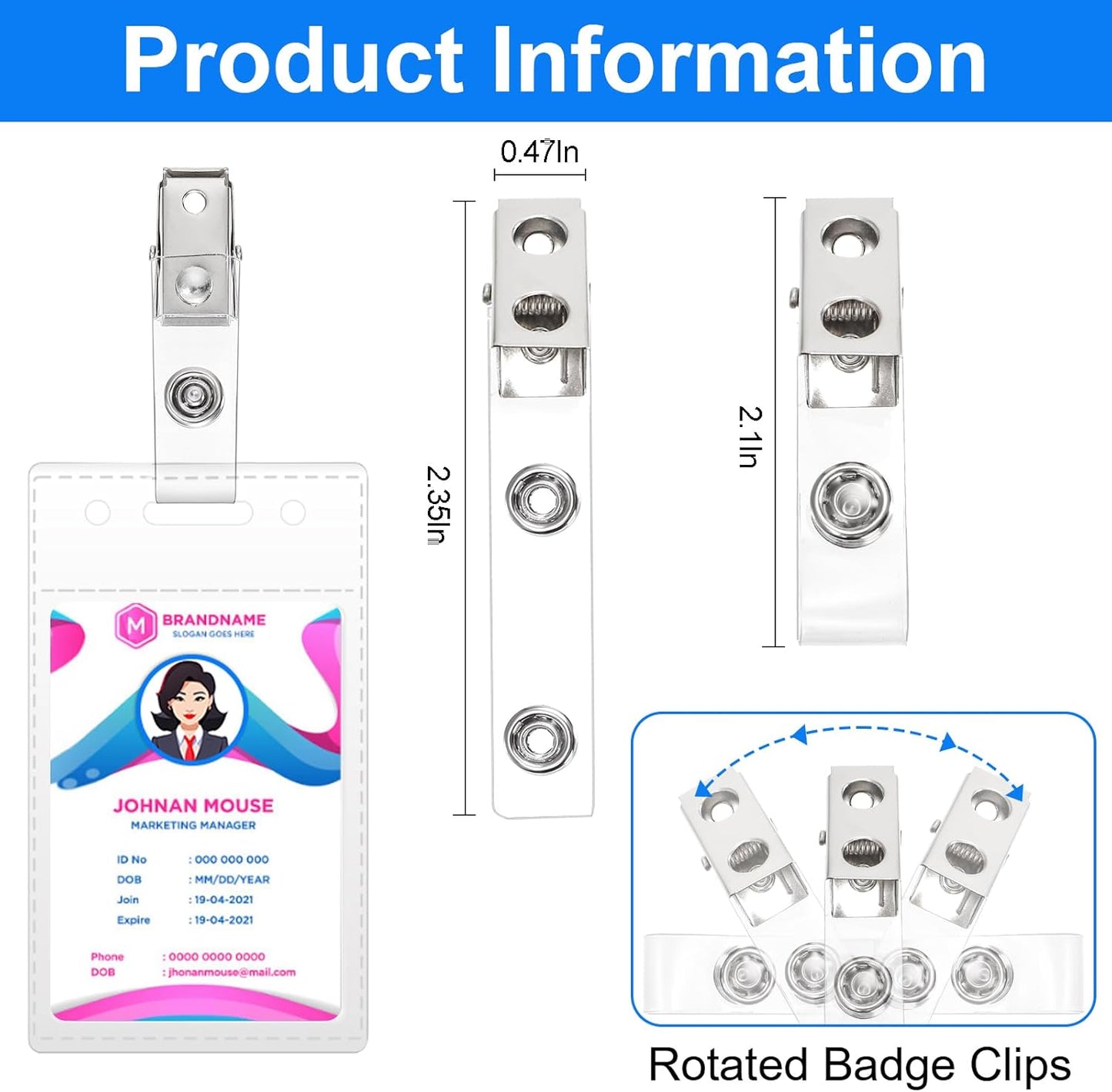 WUWEOT 300 Pack Metal ID Badge Clips, Double Hole Alligator Strap With Clear PVC Straps for Name Tags, Cards and Cage Badge Holders, Office Supplies