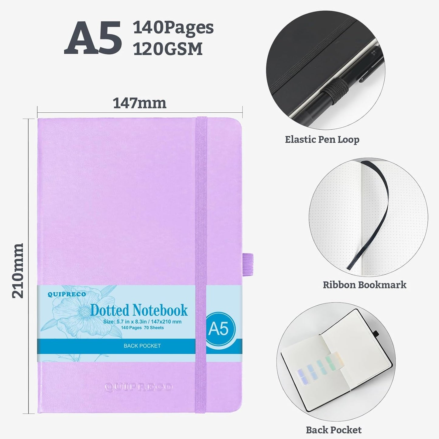 Bullet Dotted Hardcover Journal Notebook, A5 140 Pages 120Gsm Thick Paper for School,Note Taking,Work,Diary，5.7''*8.3'',Lavender