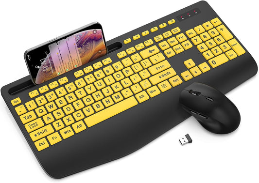 Wireless Keyboard and Mouse Combo - Large Print Ergonomic Keyboard with Wrist Rest, Phone Holder, Sleep Mode, Silent 2.4GHz Keyboard Mouse Set for Computer, Laptop, PC, Mac, Windows - Trueque