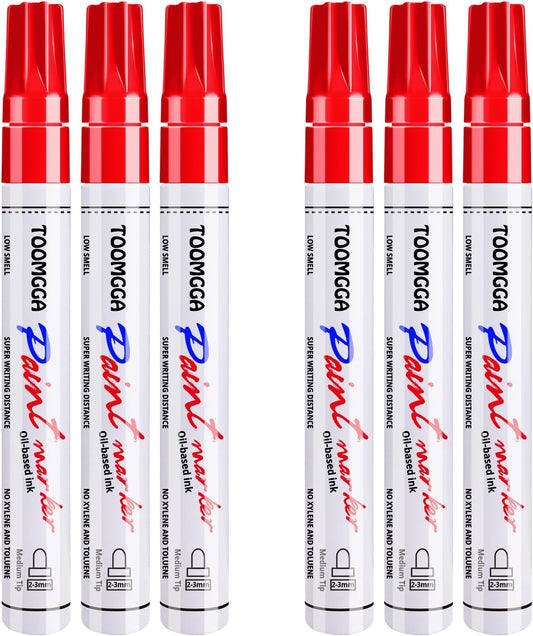 Paint Pens Paint Markers Red - 6 Pack Permanent Markers Oil Based for Metal Wood, Pens for Metal, Car Tyre,Plastic, Ceramic, Plastic, Canvas, Rock Painting, Glass, Craft Supplies