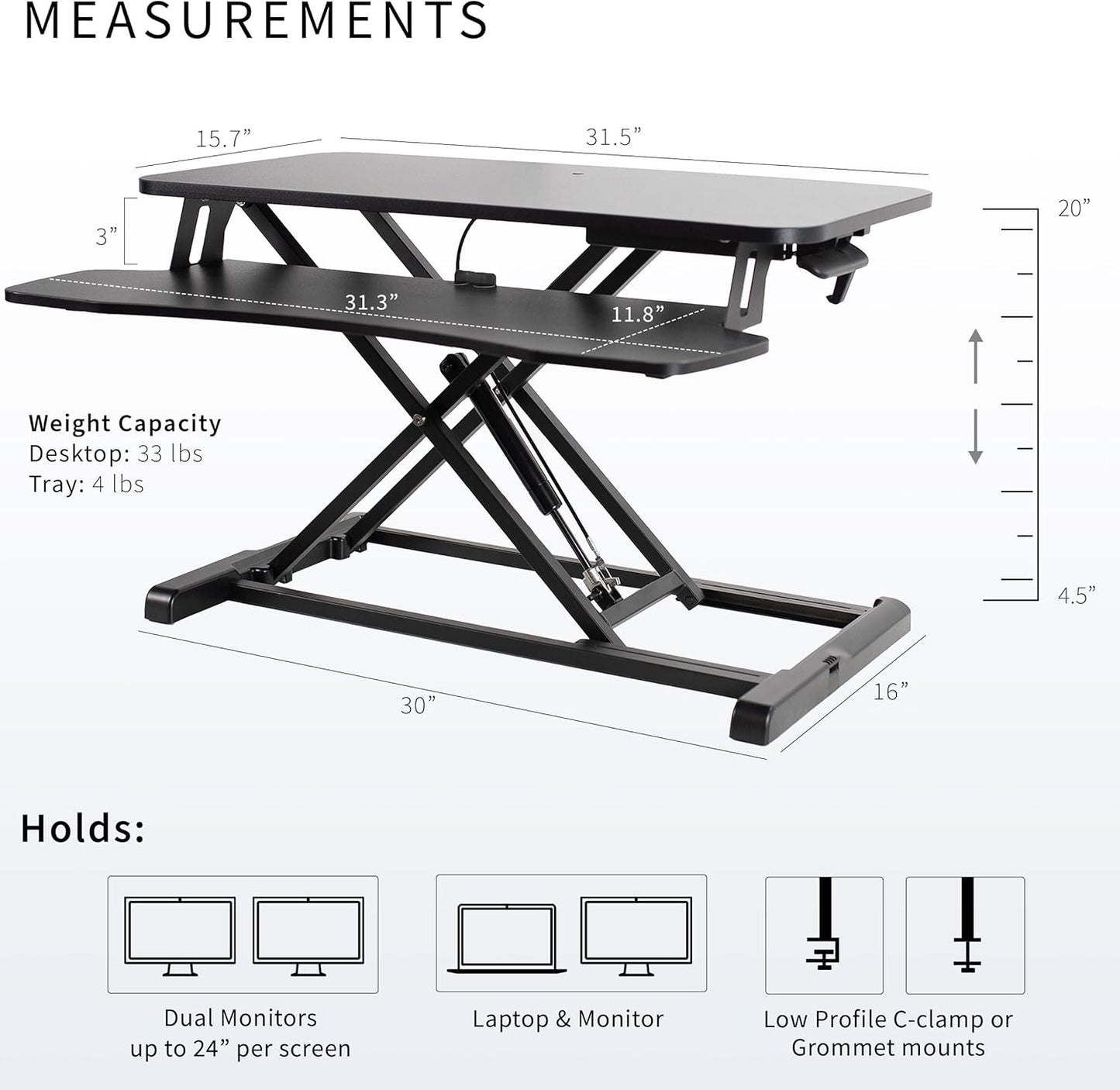 VIVO 32 inch Desk Converter, K Series, Height Adjustable Sit to Stand Riser, Dual Monitor and Laptop Workstation with Wide Keyboard Tray, Black, DESK-V000K