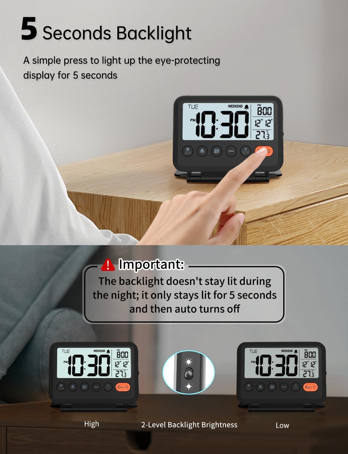 Digital Travel Alarm Clock, Black, 3.54 inch LCD Display, 9-Minute Snooze, 2 Volume Levels, Backlight, Battery Included