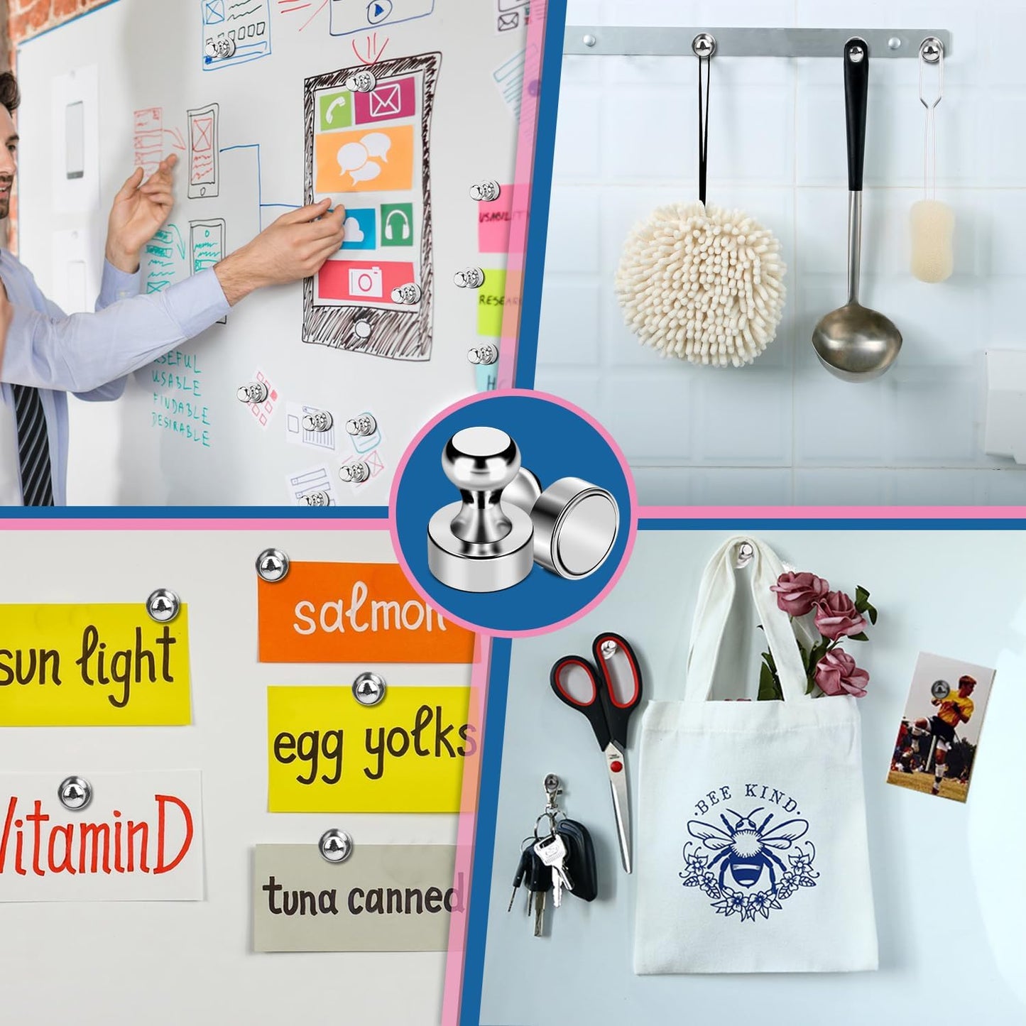 LOVIMAG Strong Magnets for Whiteboard, 56 Pcs Fridge Magnets Refrigerator Magnet, Small Neodymium Magnet for Fridge, Push Pins Ideal for Kitchen, Office, Map Decorative