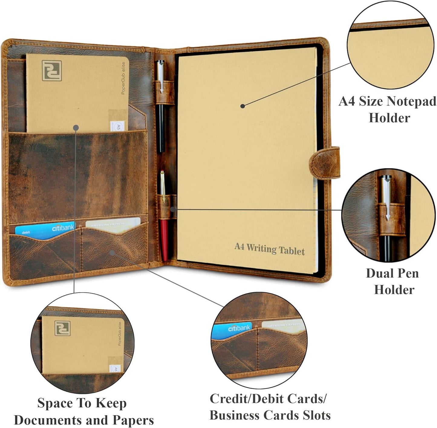 Leather Padfolio Legal Pad Portfolio Organizer | Handmade Executive Notebook Binder | Heavy Duty Full Grain Cow Hide Resume Interview Folio for Men Women, Rustic NoteBook Folder (brown)