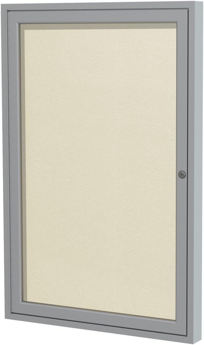Ghent 36"x30" 1-Door Outdoor Enclosed Vinyl Bulletin Board, Shatter Resistant, with Lock, Satin Aluminum Frame - Ivory (PA13630VX-185), Made in the USA
