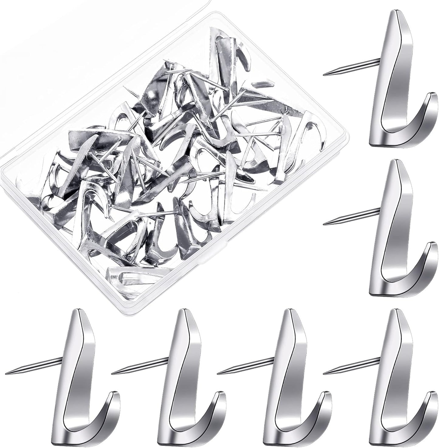 Ferraycle 30 Pieces Metal Push Pin Hangers 20 lbs Picture Hooks Zinc Alloy Thumb Tacks Hanging Hooks with Nails for Home Office Fabric Wall Wooden Board (Silver)