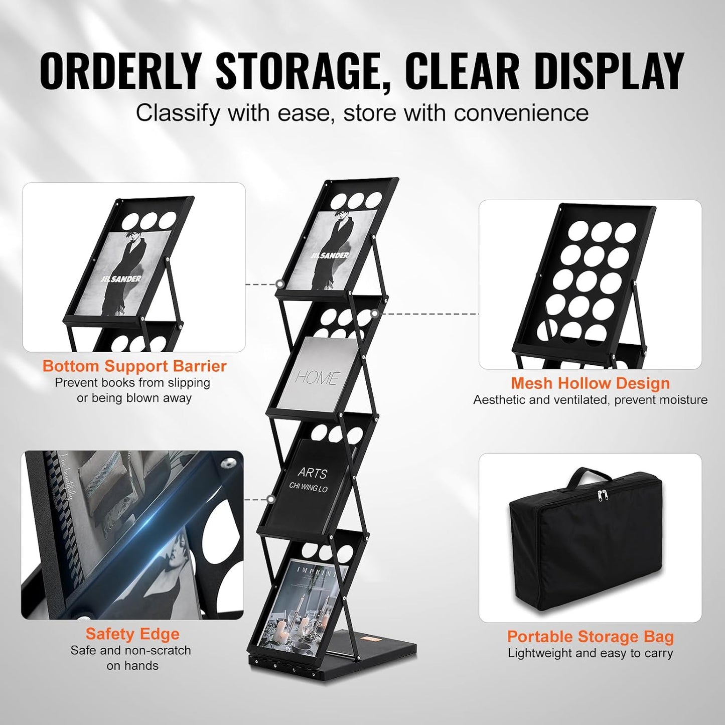 VEVOR Foldable Magazine Display Rack, 4-Tier Brochure Literature Display Stand, Portable Catalog Brochure Holder Stand with Carrying Bag for Office Trade Show Exhibitions, 4 Pockets