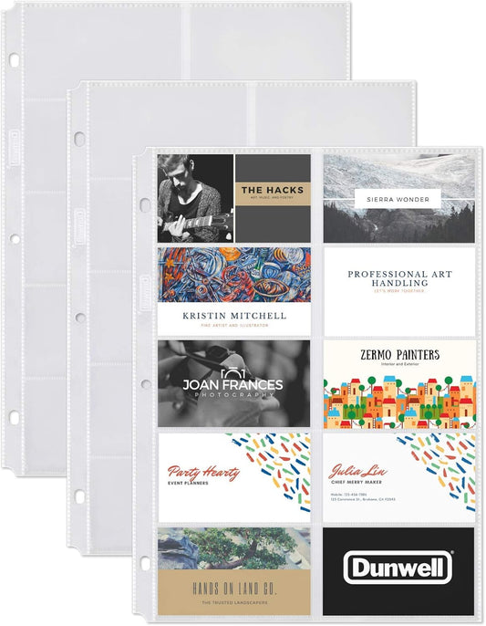 Dunwell Business Card Holder Sleeves (10 Pack for 200 Cards), Heavyweight Plastic Sheet Protect, Each Sleeve Holds 20 2x3.5 Namecards, 3-Hole Punched, Fits 3-Ring Binders