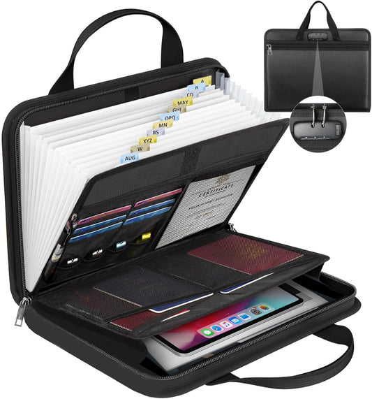 File Organizer Fireproof Expanding Accordion File Folder with Lock Zipper Labels13 Pockets Document Organizer Holder Storage Box Bag for Business Office Receipt Home Travel