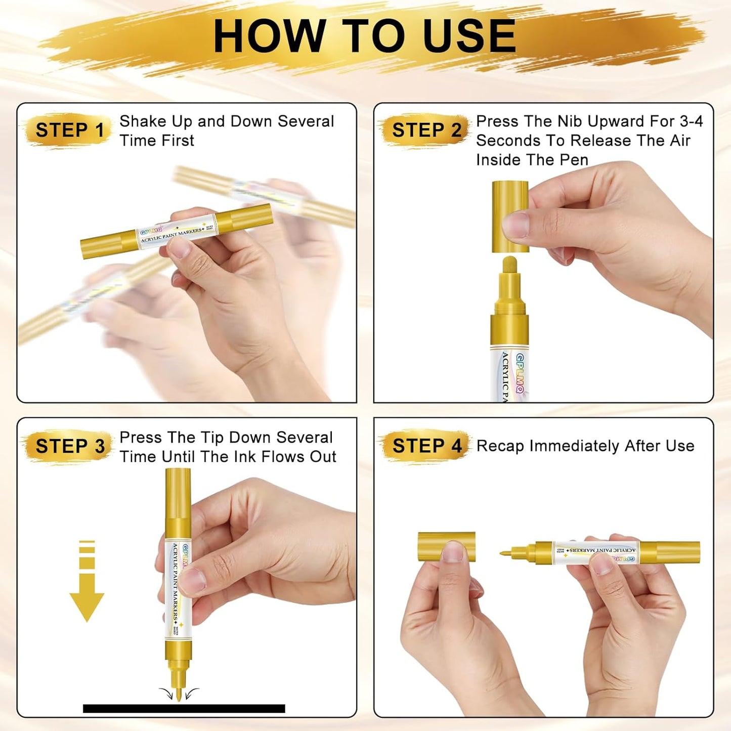 Paint Markers Paint Pens - 2 Pack Dual Tip Acrylic Permanent Marker (0.7mm & 3mm), Non-Toxic, Water-Based for Art Painting, Stone, Ceramic, Glass, Wood, Fabric, Metal, DIY Crafts (Gold)