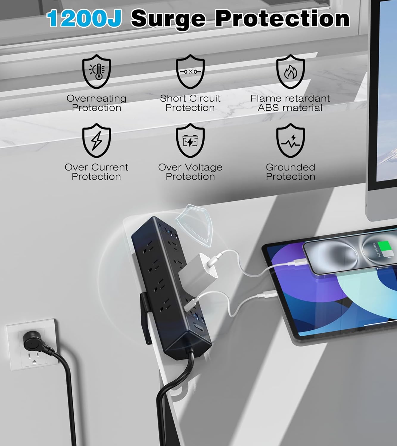 Desk Clamp Power Strip, 40W Total Fast Charging Station, Desk Edge Mount Power Strip, 8 USB Ports(4 USB C) & 8 AC Outlets, Fit 1.9" Tabletop Edge(6Ft 14AWG Cable)