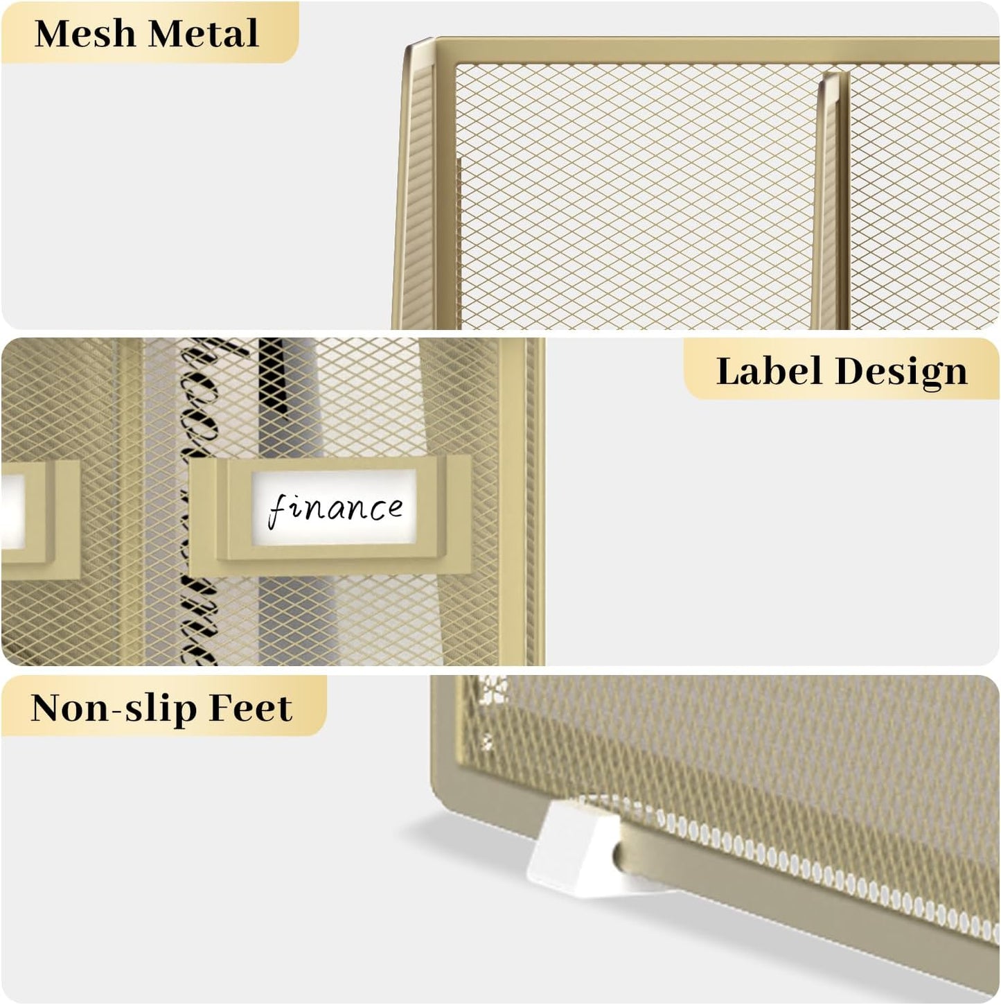 SUPEASY Desk Organizers Metal Desk Magazine File Holder with 5 Vertical Compartments Rack File Organizer for Office Desktop, Home Workspace, Golden Yellow