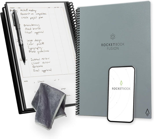Rocketbook Fusion Reusable Undated Productivity Planner, Letter Size 8.5x11, Gray - Goals, Monthly and Weekly Calendar, Daily To-do List, Lined and Dotted Notes Pages
