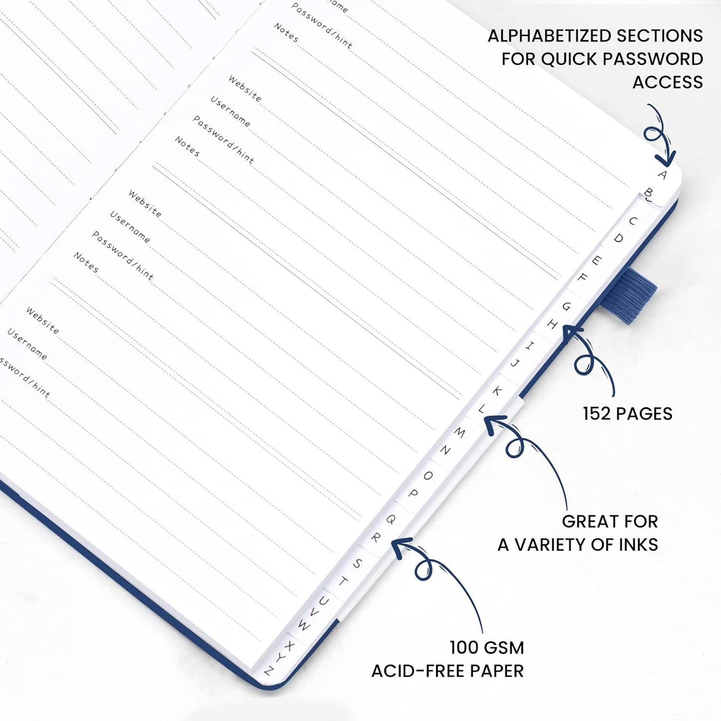 Password Book with Alphabetical Tabs, Hardcover Password Keeper, A5 Size 8.3"x6" Password Notebook for Saving Internet Login, Username, Password Organizer for Computer & Website Logins, Blue