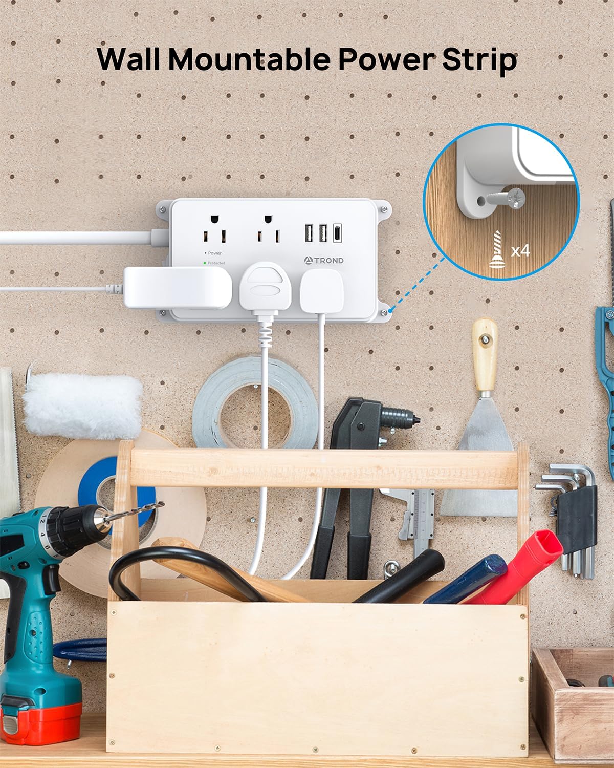 TROND Power Strip with USB, 10ft Extension Cord Surge Protector, 5 Widely Spaced Outlets with 3 USB Ports, ETL Listed, 1300J, Low-Profile Flat Plug, Wall Mountable, White