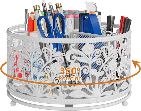EKNITEY Rotating Mesh Desk Organizer - 4 Slots Cute Pen Pencil Holder Caddy for Office Art Supplies Home School Classroom White