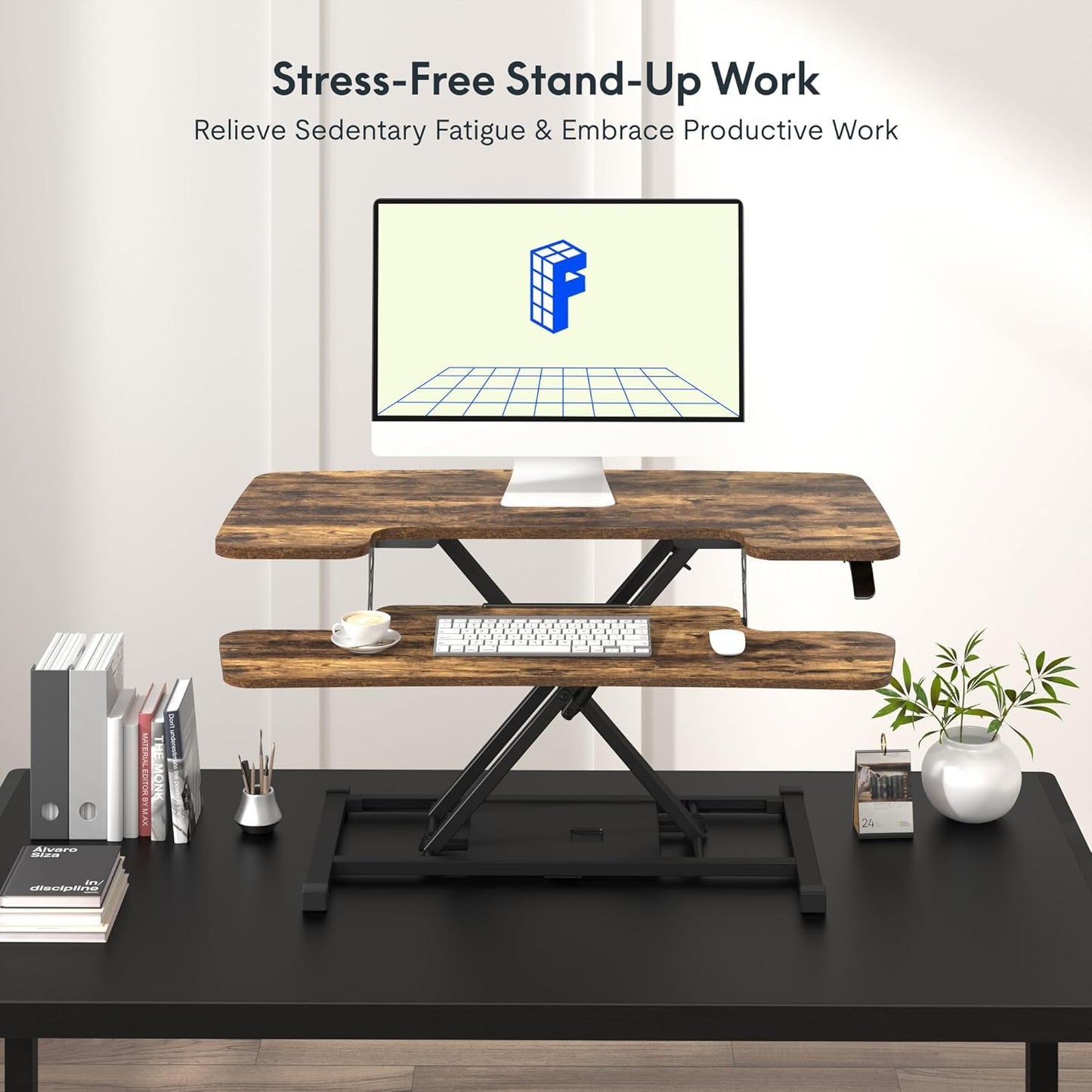 FLXISPOT 36" Standing Desk Converter, Quick Sit Stand up Desktop Riser Height Adjustable Monitor and Laptop Workstation with Keyboard Tray, Rustic Color