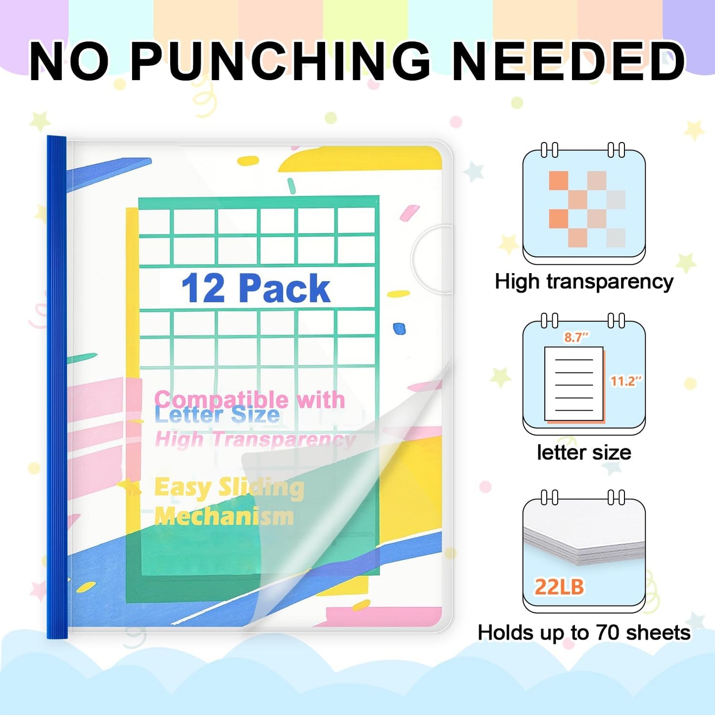 TOTiyea 12 Pack Clear Report Covers with Sliding Bars, 9mm (70 Sheet Capacity) Blue Sliding Bar File Folders, for Letter Size