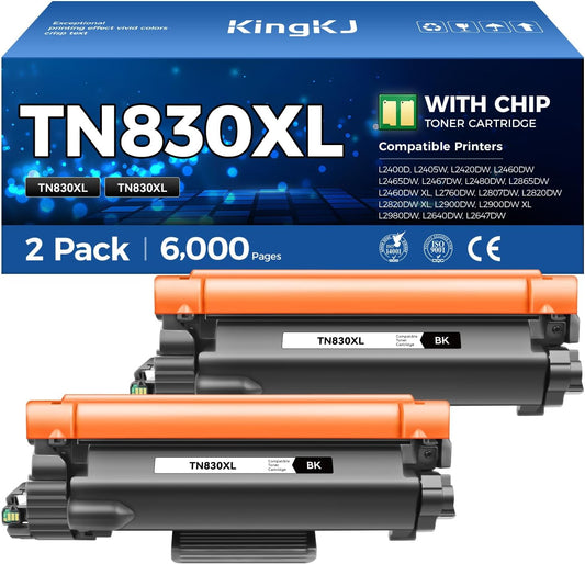 TN830XL Toner Cartridge Black 2-Pack High Yield Replacement for Brother TN830XL TN830 XL Compatible for HL-L2460DW HL-L2405W HL-L2480DW MFC-L2820DW DCP-L2640DW MFC-L2900DW HL-L2400D Laser Printer Ink
