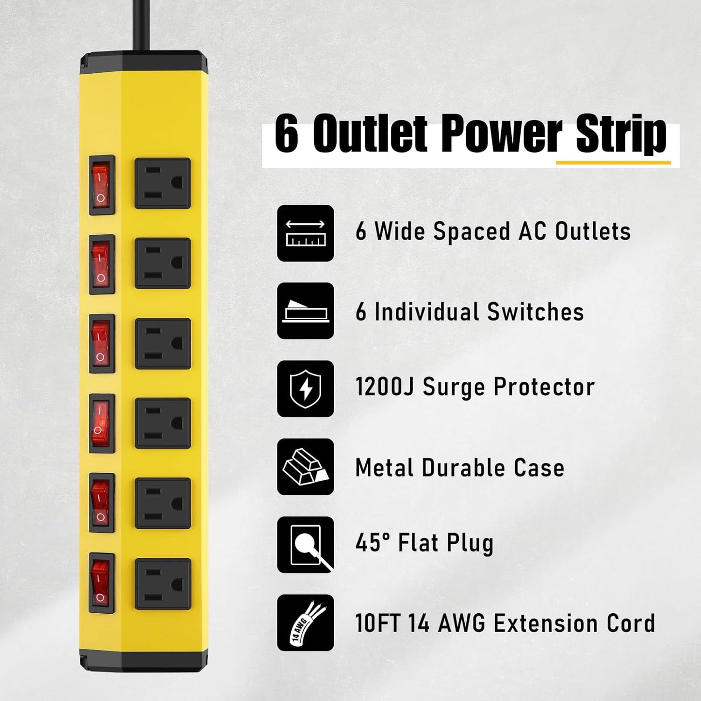 ANNQUAN 6 Outlet Metal Power Strip with 6 Individual Switches,Heavy Duty Power Strip 1200J 15A 10FT Cord Home Office Industrial Commercial Shop