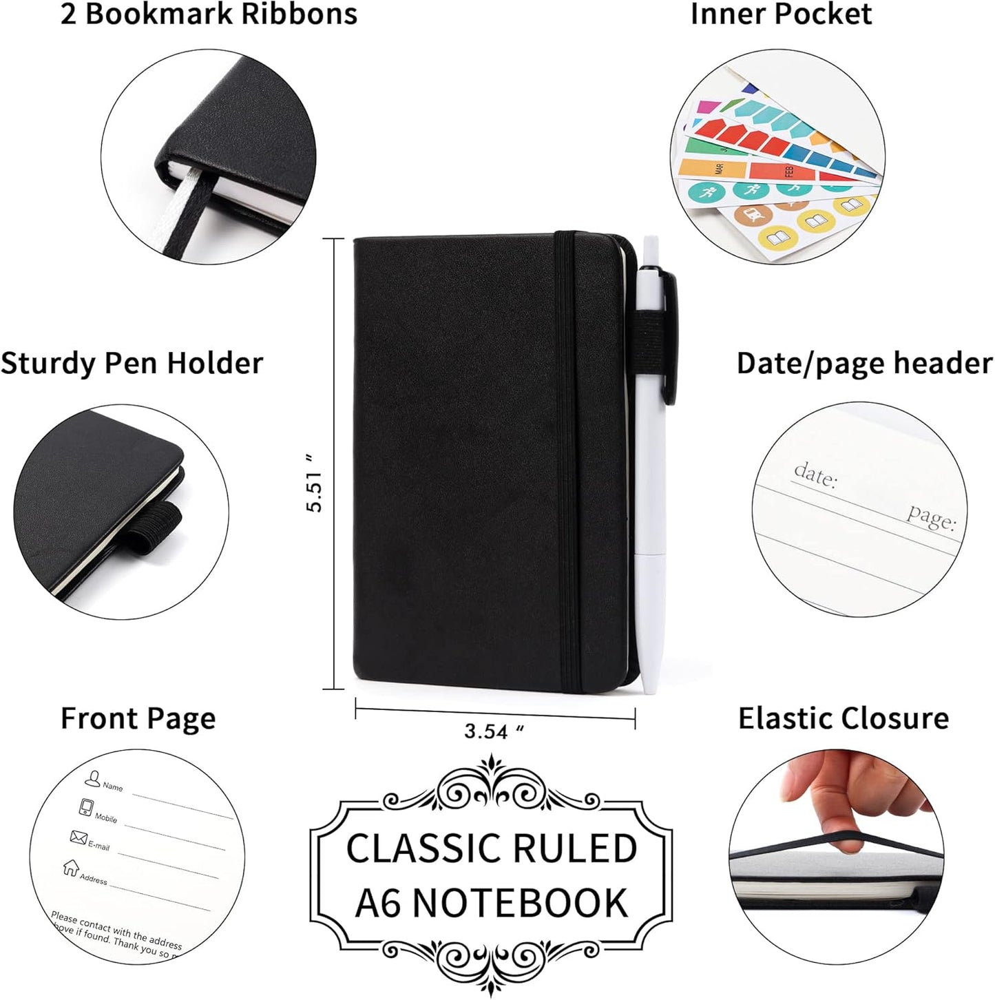 feela 6 Pack Pocket Mini Notebooks Bulk, Small Cute Memo Notepads Hardcover College Ruled Lined Journals with Pen Holder for School Business Work, with 6 Black Pens, 3.5”x 5.5”, A6, Black