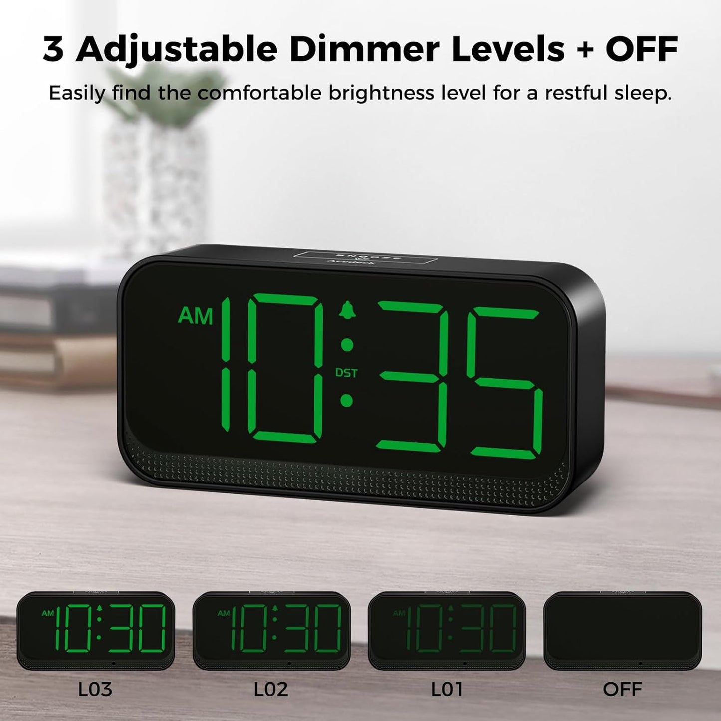Battery Operated Digital Clock: Cordless Small Alarm Clock for Bedroom Travel - Large Numbers 4 Dimmers for All Ages Green Digits