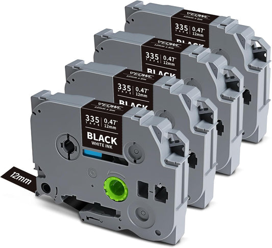 Tze335 Tze 12mm 0.47 Laminated Black Label Maker Tape Compatible for Brother Tze-335 Tz-335 Tz 1/2 Refill Work for Ptouch PT-D210 PT-D220 PT-H110 PT-D400 PT-D600, White on Black, 4 Pack