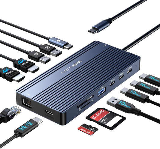 USB C Hub Docking Station Dual Monitor 2 HDMI 4K@60HZ,14 in 1 Laptop Docking Station 3 Monitor with 10Gbps(USB-c Video+Data,3*USB C,USB A) Ethernet,PD 100W,SD/TF,3.5mm Audio for Dell/HP/Lenovo