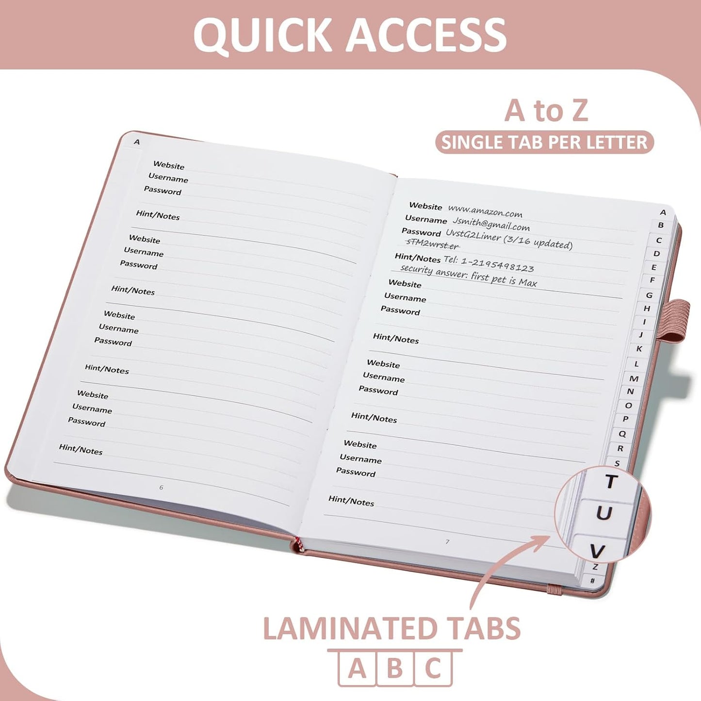 Password Book with Individual Alphabetical Tabs Laminated, Large Print Password Keeper Book for Seniors, A5 Hardcover Internet Password Log Book to Record Website Login Details - Rose Gold