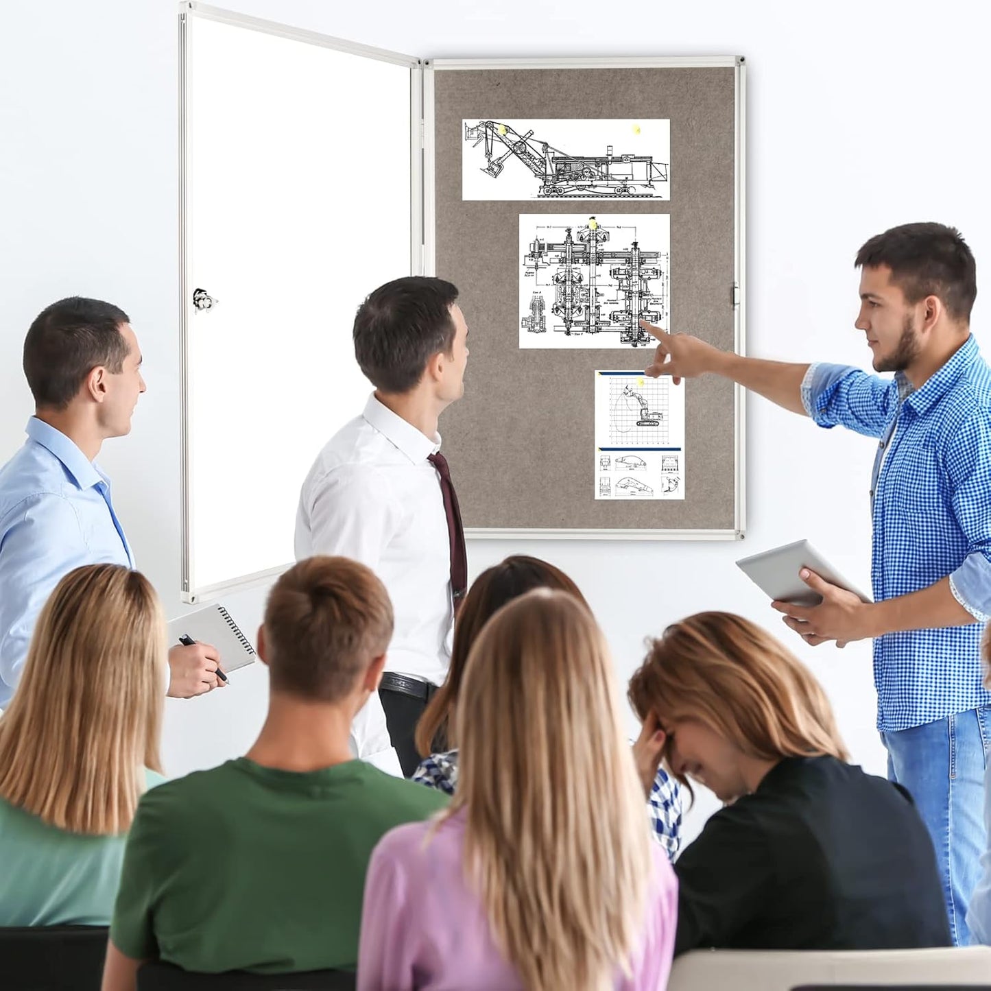 Enclosed Bulletin Board Lockable Display Case Message Board with Locking Door for Indoor, Grey Felt, Aluminum Frame, 36 X 24 in