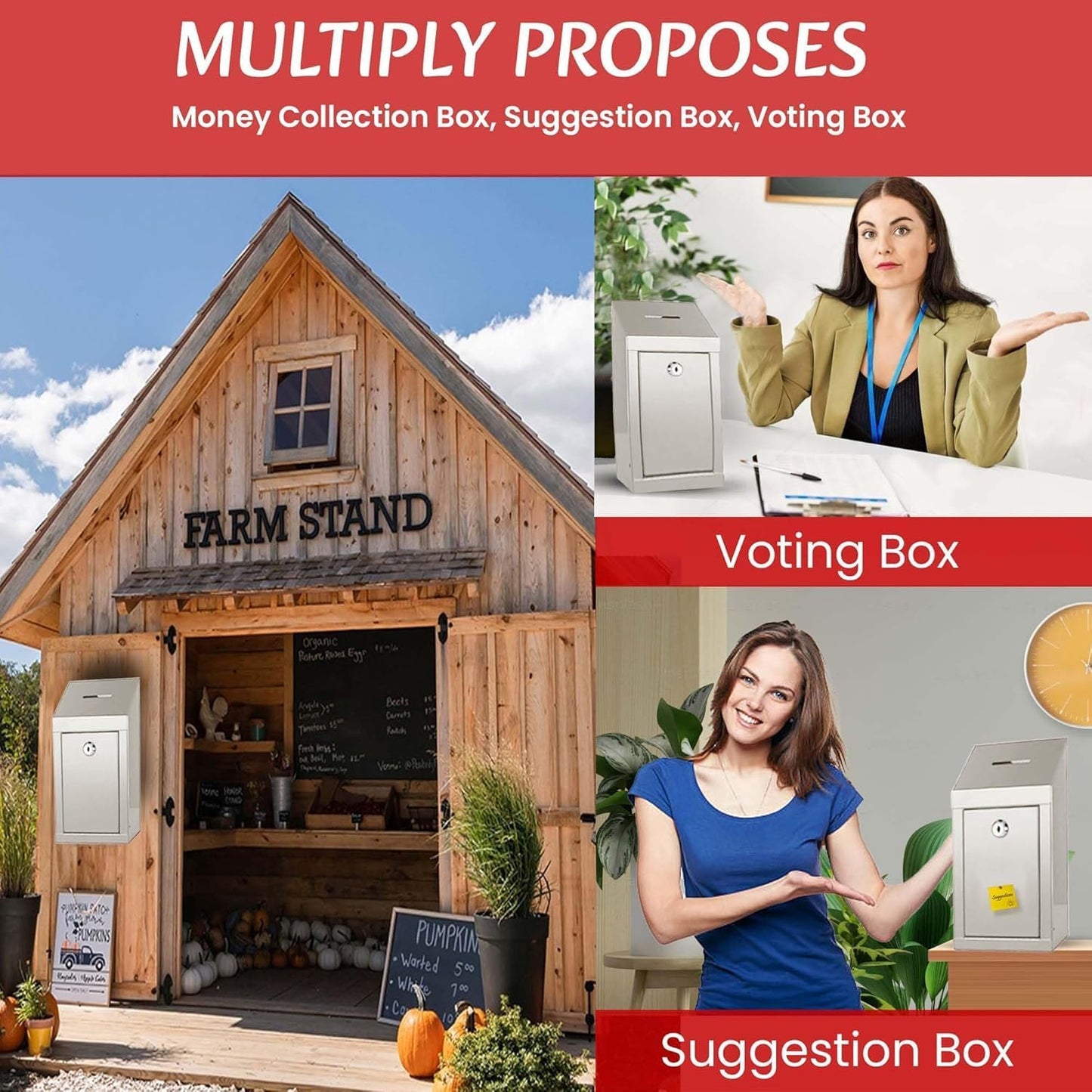 Metal Donation Box-Suggestion Box with Slot and lock-Cash Lock box for Money-Drop Box-Outdoor Waterproof Mailbox and ballot box-comes with pre-drilled holes for easy wall mounting 10 X 6 X 2.5"(White)