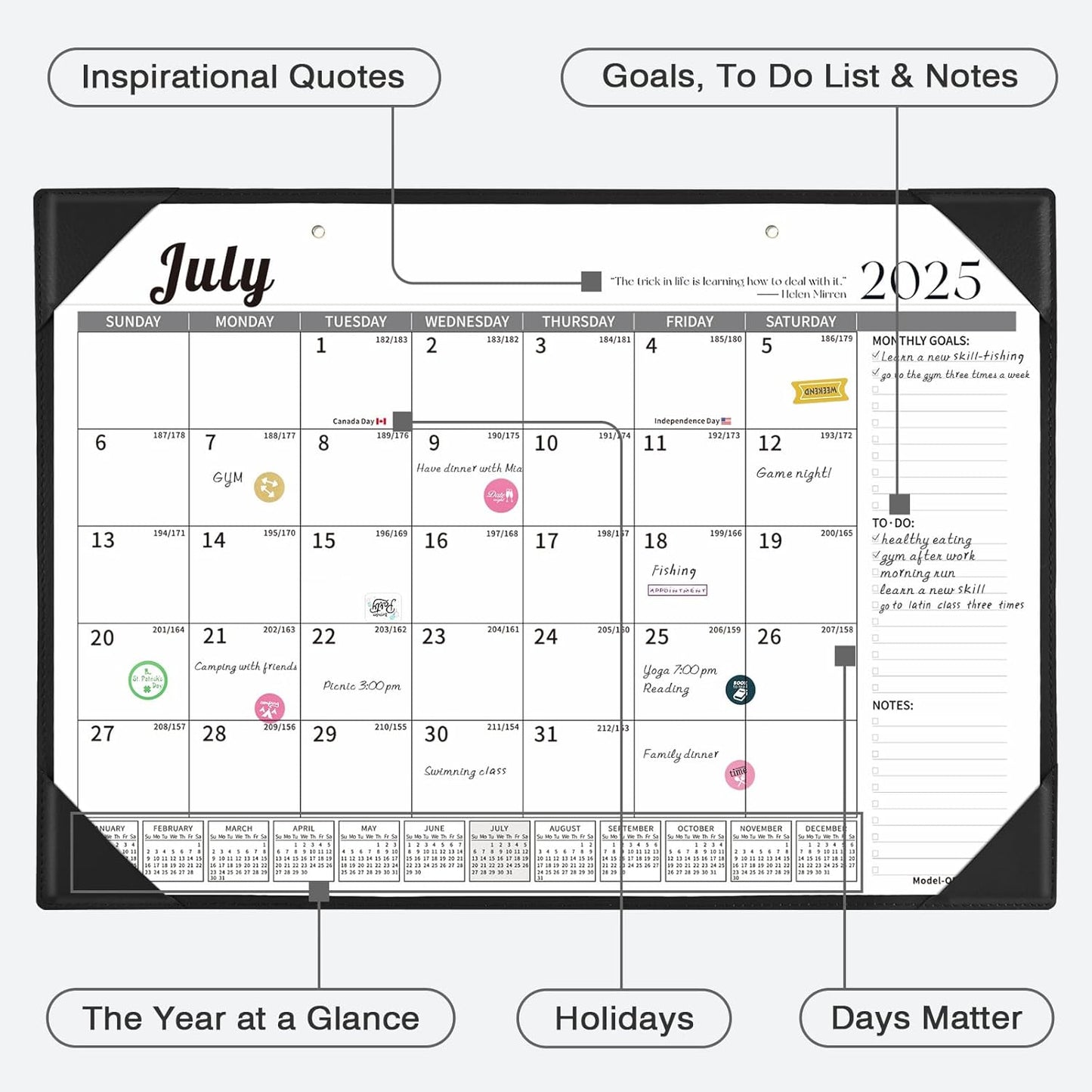 Ospelelf Desk Calendar 2025-2026 Wall Monthly Planner 12"x17" Leather Pad with Protective Cover 18 Months July 2025 to December 2026 Black