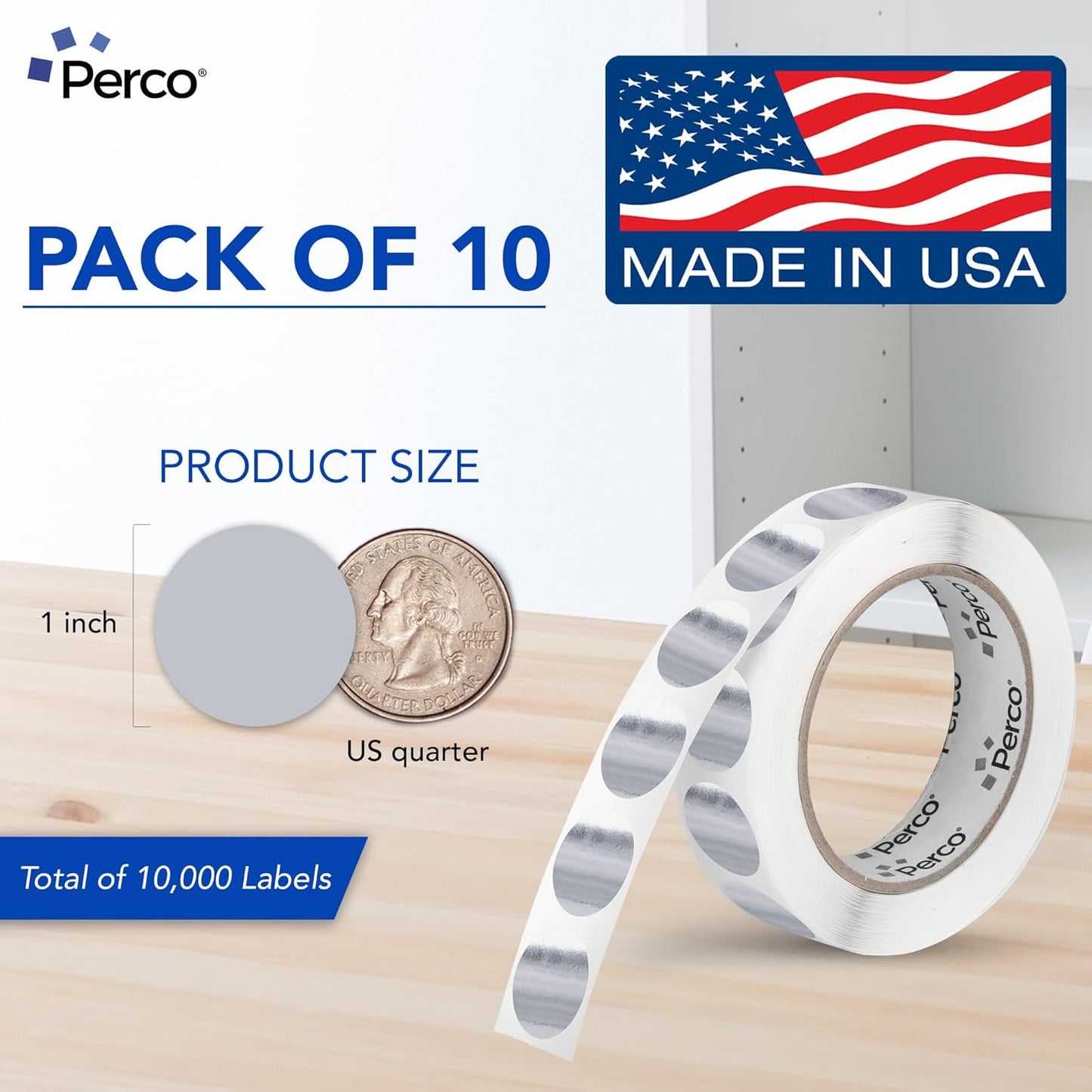 Perco Metallic Silver 1-Inch Perforated Circle Dot Sticker Labels — 10 Rolls, 10,000 Round Stickers — with Permanent Adhesive for Awards, Invitations, Events, Gift Packaging, Crafting — Made in USA