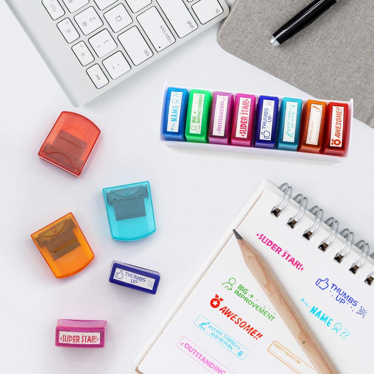RELIANCER 8PCS Teacher Stamp Set,Colorful Self-Inking Motivational Classroom Stamper for Grading,Encouraging Rating Stamp Student,Parent Signature Stamps for Homework,School Homeschool Reward Supplies
