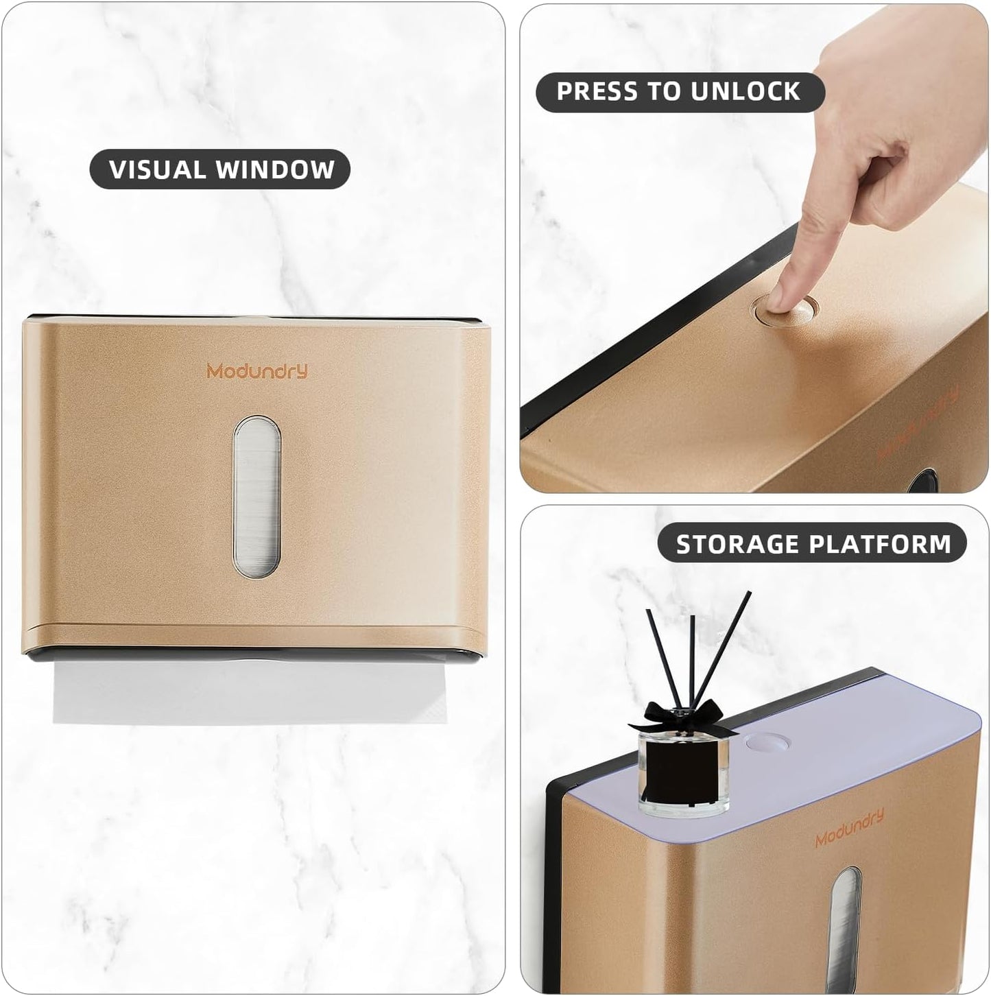 Paper Towel Dispensers Wall Mount: Multifold Z-Fold Paper Towel Holder, No Drilling Install, Compact Hand Towel Dispenser for Home Bathroom, Restroom, Office, Gold