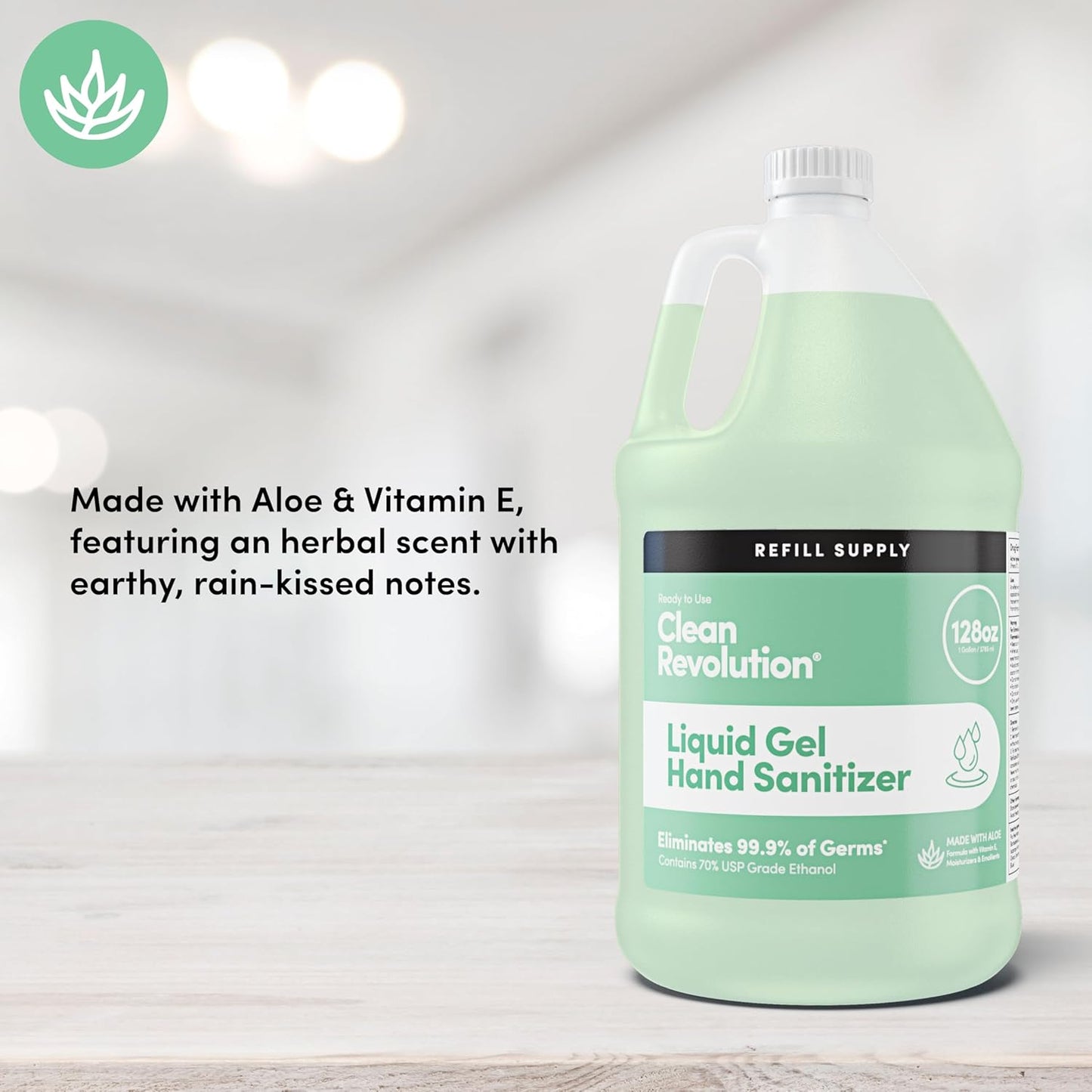 Clean Revolution Liquid Gel Hand Sanitizer, 128 Fl. Oz Refill Supply Container| Eliminates 99.9% of Germs | Gentle & Aloe Enriched | 70% USP Medical Grade Ethanol, Medical Facility Compliant