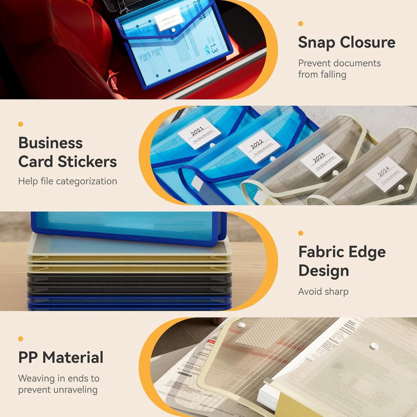 ABC life 6 Pack Plastic Expanding File Folder, Transparent envelopes with Snap Closure, No Dividers, Large Capacity, Assorted Colors, Fit Letter/A4 Size (Black+Blue+Tea Grey)